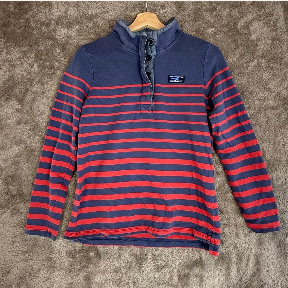 LL Bean Stripe Henley Button Mockneck Pullover Rugby Sweatshirt Red Blue Women S